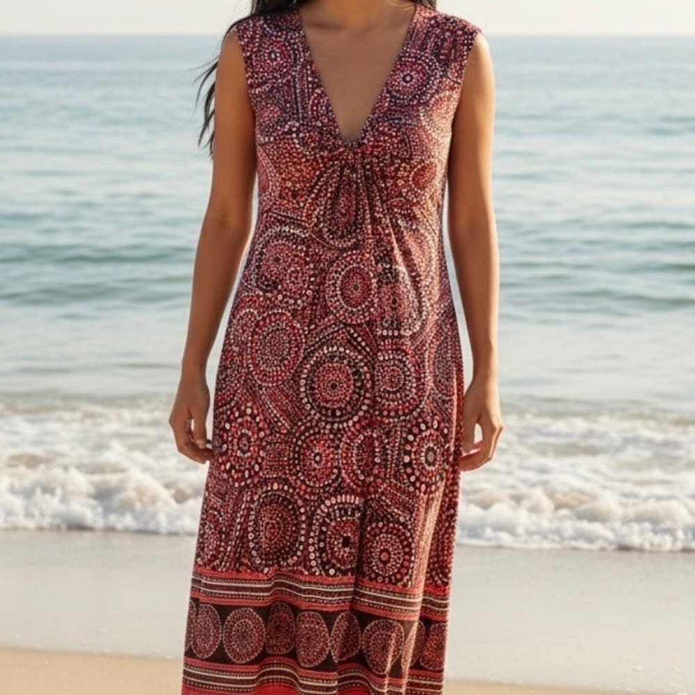 Womens Geometric Medallion V-Neck‎ Midi Dress Size 8 Boho Summer Resort Vacation